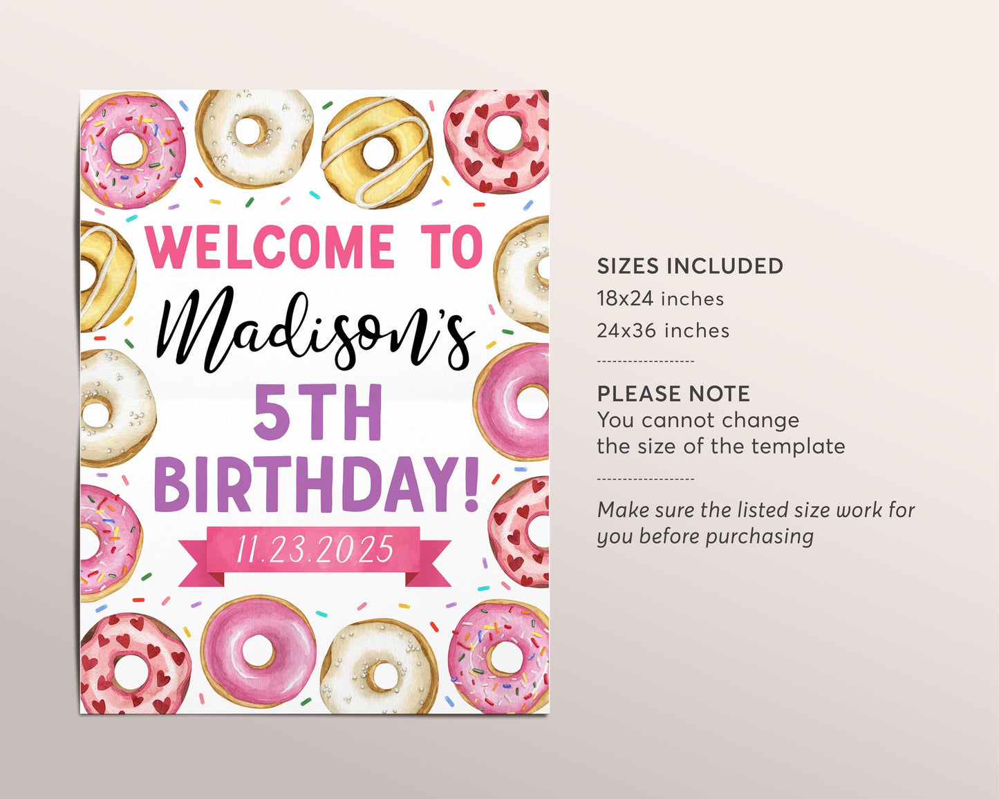 Donut Birthday Welcome Sign Editable Template, Girl You Donut Want To Miss Donuts Birthday Party Poster, Kids Sprinkles Sweet Doughnut Sign