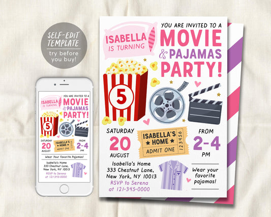 Movie and Pajamas Party Birthday Invitation Editable Template