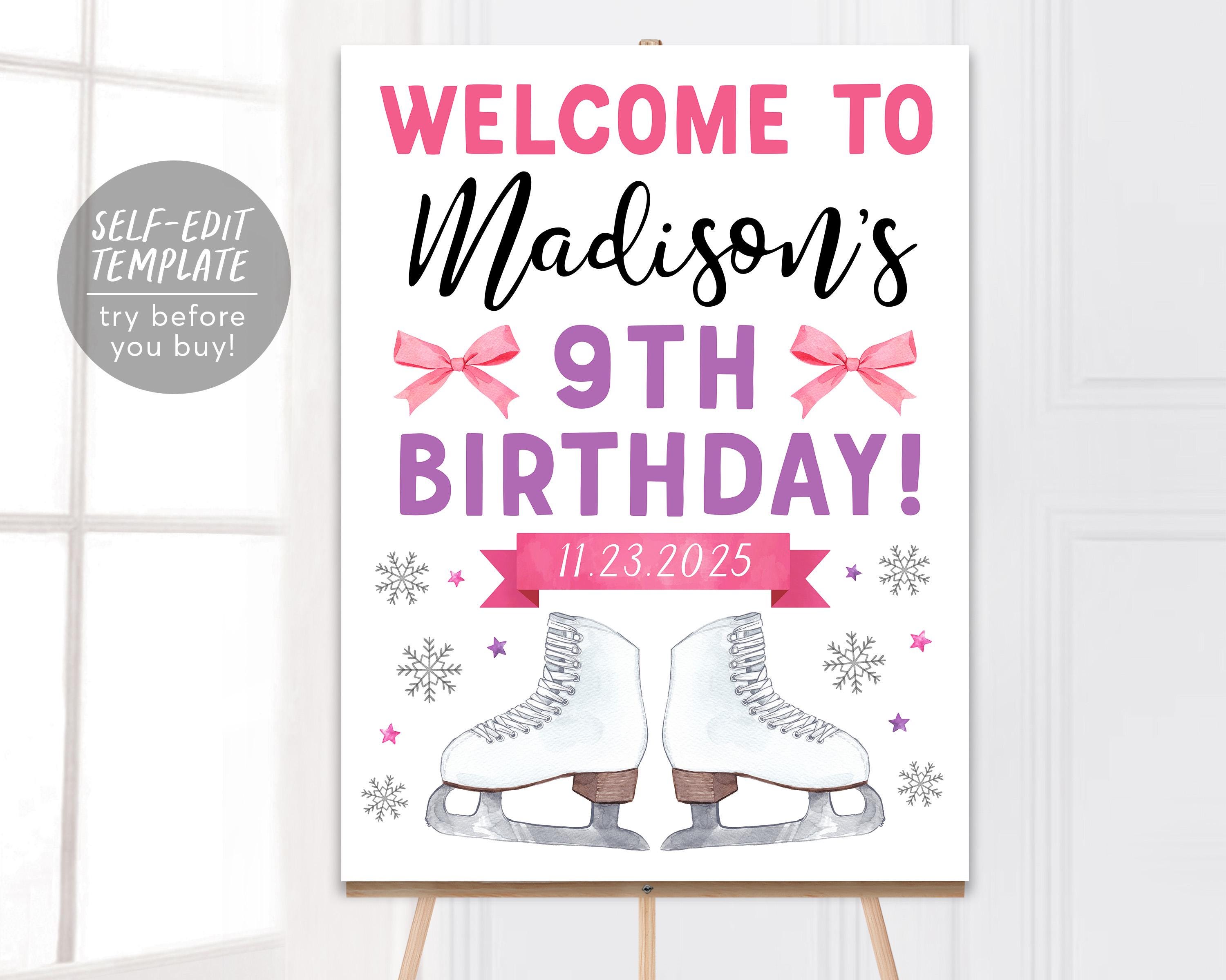 Ice Skating Birthday Welcome Sign Editable Template, Girl Festive Wint ...