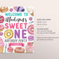 Sweet One Birthday Welcome Sign Editable Template, Girl Donut First Birthday Party Poster, One Year Cupcakes Candy Sweets Dessert Decor