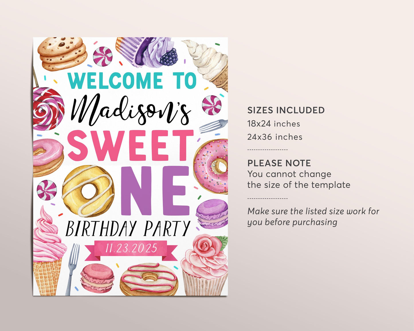 Sweet One Birthday Welcome Sign Editable Template, Girl Donut First Birthday Party Poster, One Year Cupcakes Candy Sweets Dessert Decor