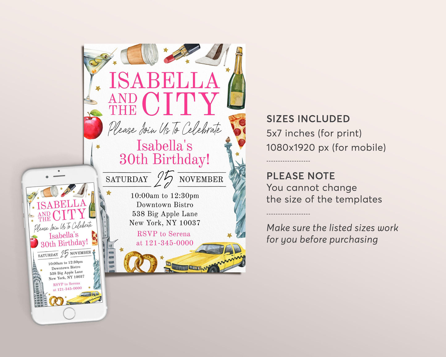 New York City Birthday Invitation Editable Template, And The City NYC Party Invite, Big Apple Adult Girls Night Out 30th Birthday Evite