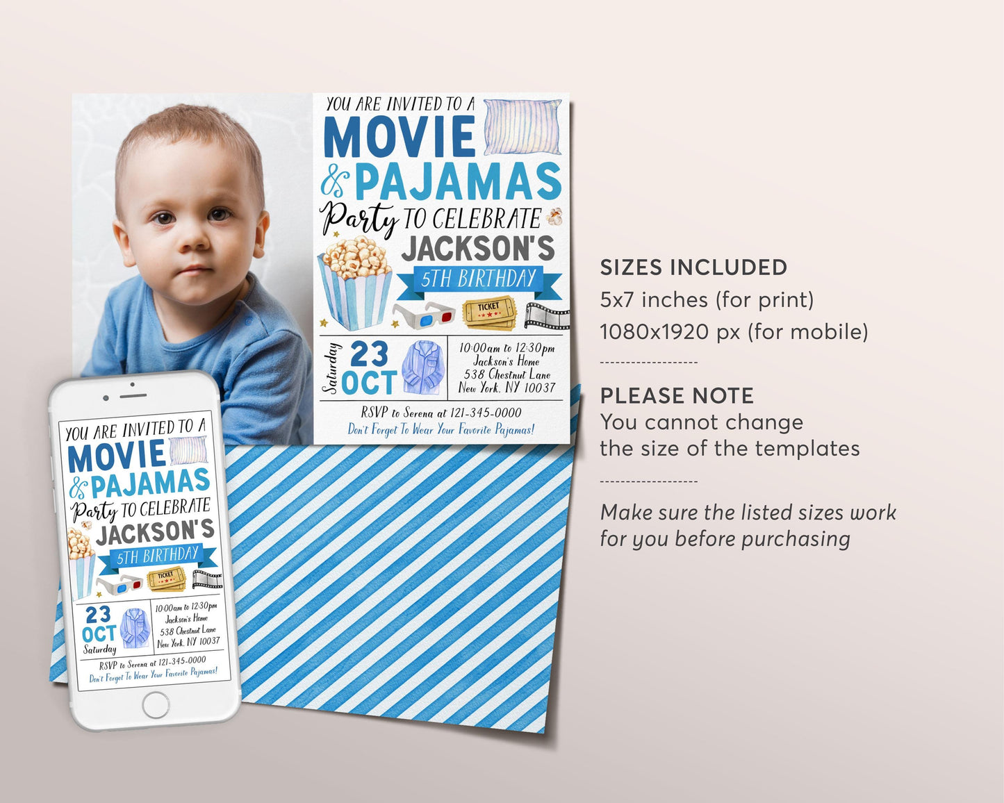 Movie and Pajamas Birthday Invitation With Photo Editable Template, Boy Slumber Party Popcorn Cinema Movie Ticket Invite, Sleepover Evite