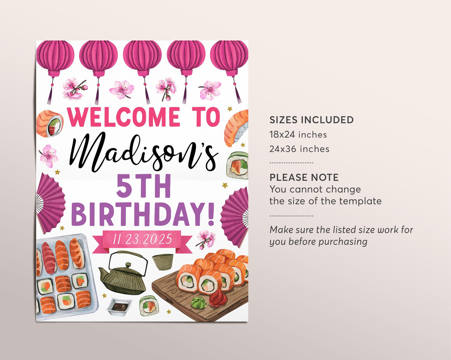 Sushi Birthday Welcome Sign Editable Template, Japanese Restaurant Hibachi Teppanyaki Dinner Party Poster, Japan Theme Asian Lanterns Decor