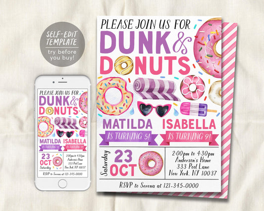 Donut Pool Party Joint Siblings Birthday Invitation Editable Template