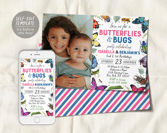 Butterflies and Bugs Joint Siblings Birthday Invitation With Photo Editable Template