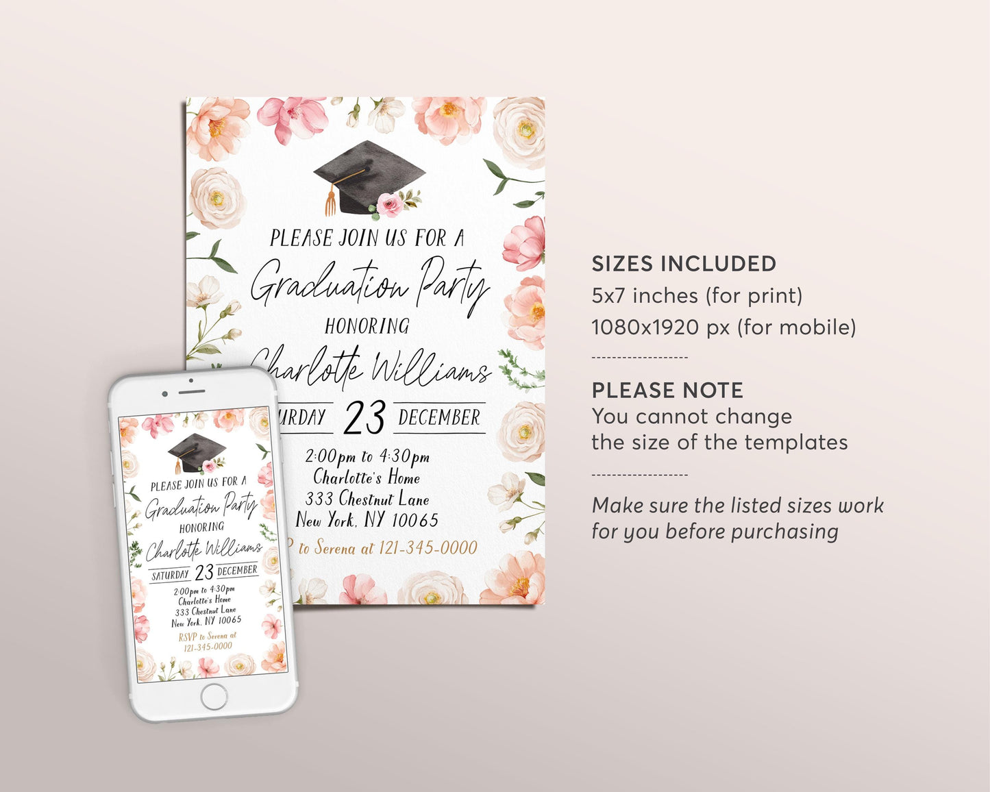 Graduation Floral Invitation Editable Template, Blush Floral Grad Announcement Party Invite for Her, College High School Grad Party Evite