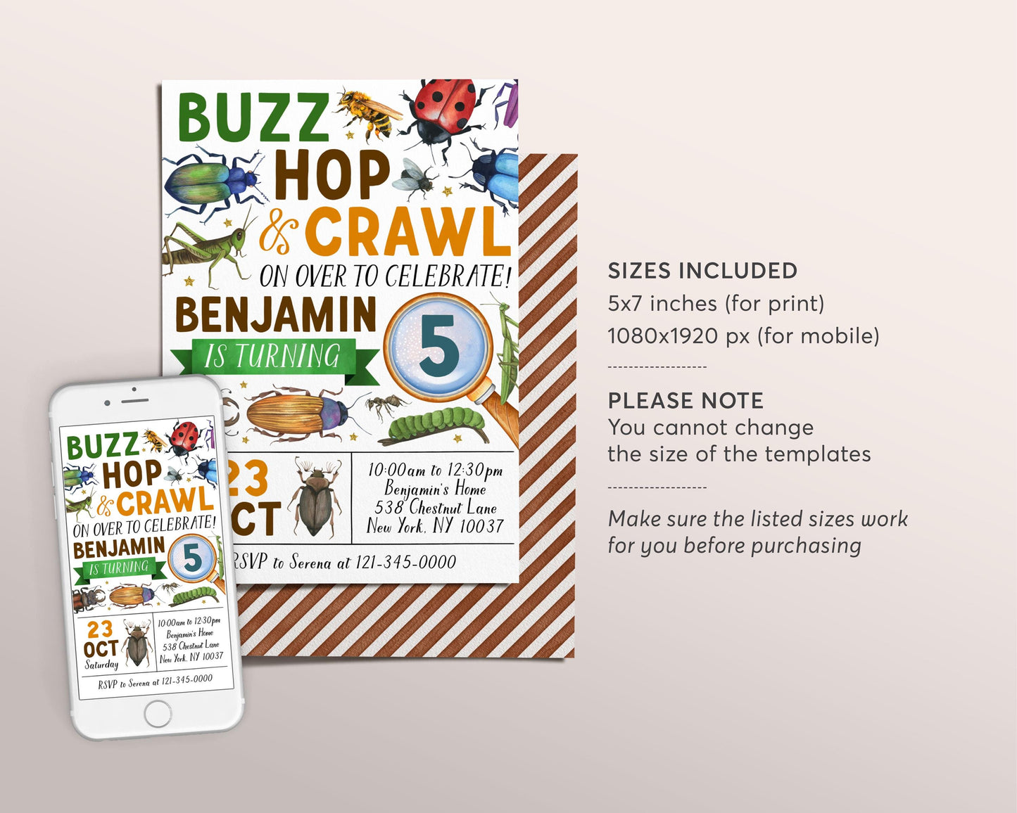 Insect Bugs Birthday Invitation Editable Template, Boy Buzz Hop Crawl Party Invite, Kids Bugging Out Beetle Bug Hunt Garden Party Evite