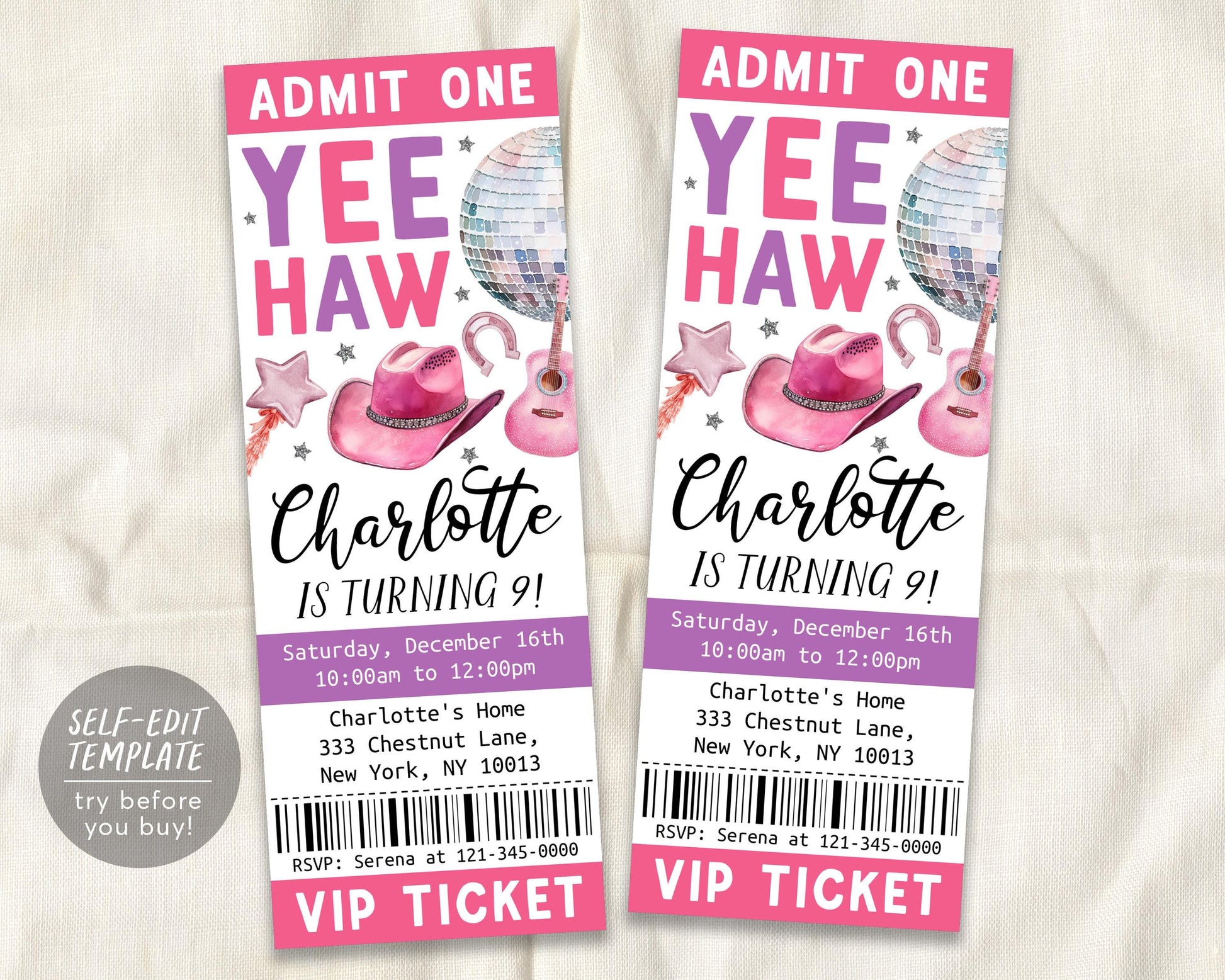 Space Cowgirl Birthday Ticket Invitation Editable Template
