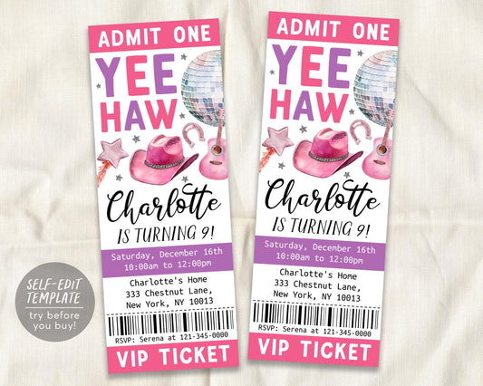 Space Cowgirl Birthday Ticket Invitation Editable Template