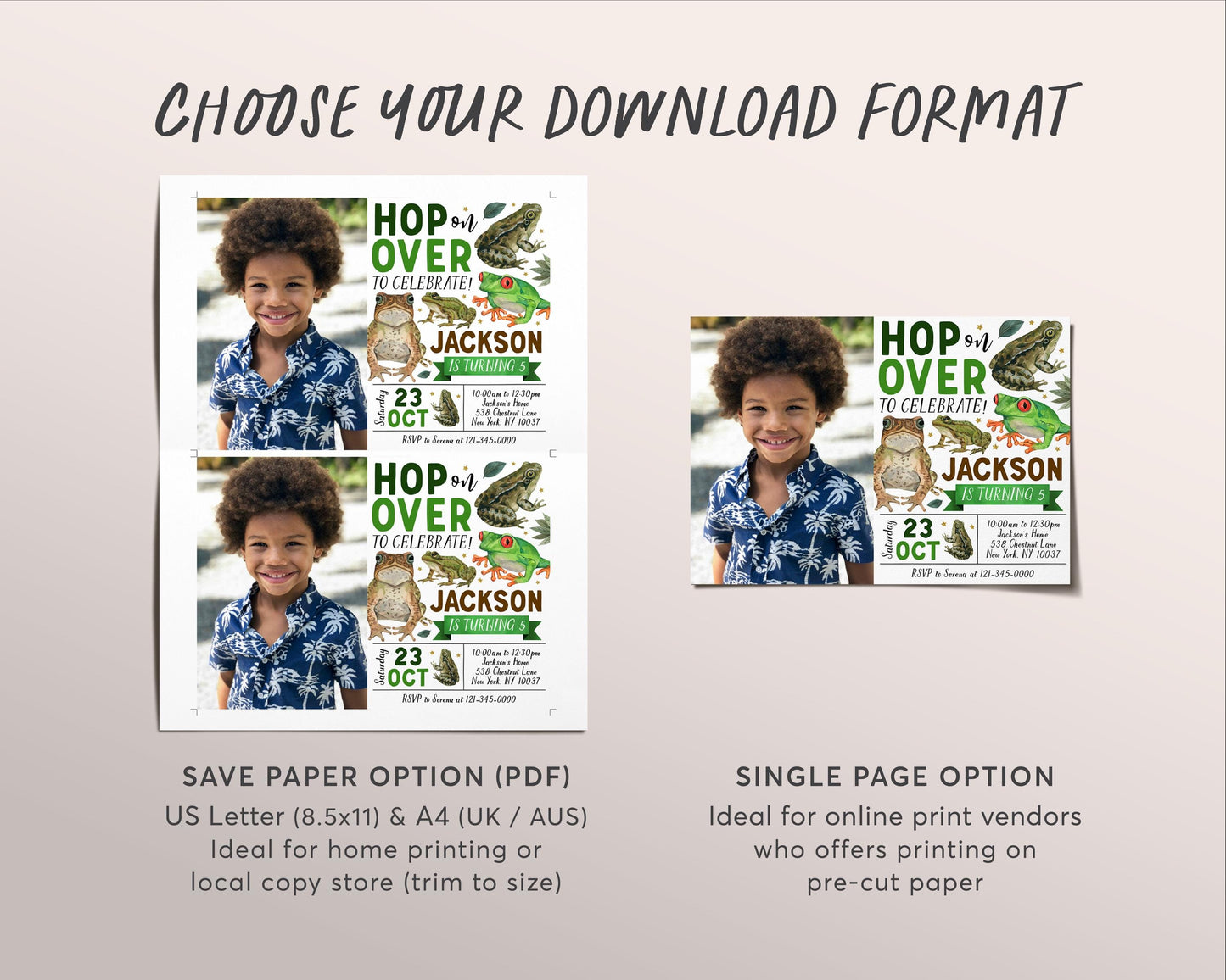 Frog Birthday Invitation With Photo Editable Template, Boy Hop On Over Frogs Party Invite, Kids Swamp Pond Nature Amphibian Garden Evite