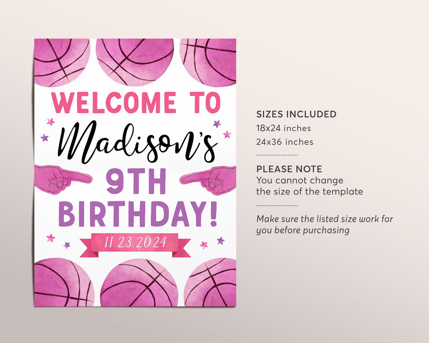 Basketball Birthday Welcome Sign Editable Template, Girl Rookie Of The Year Birthday Poster, It's Game Time Slam Dunk Kids Sports Poster