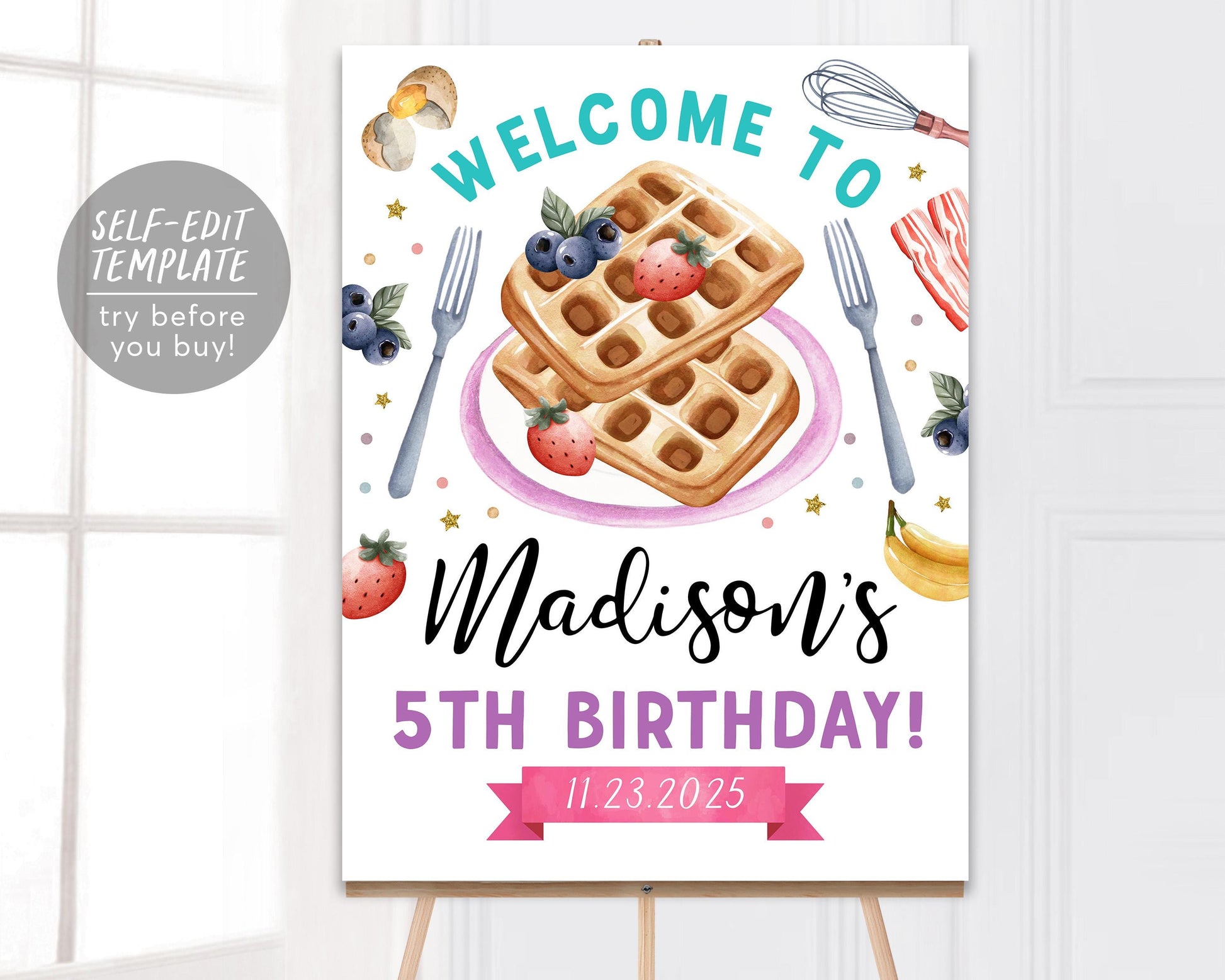 Waffles and Pajamas Birthday Welcome Sign Editable Template