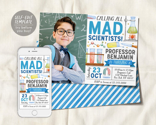 Science Birthday Invitation With Photo Editable Template