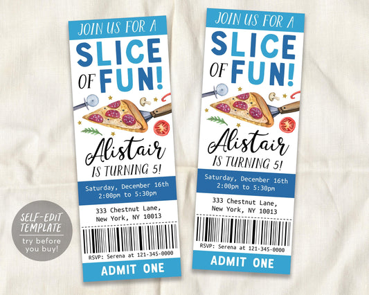 Pizza Birthday Ticket Invitation Editable Template