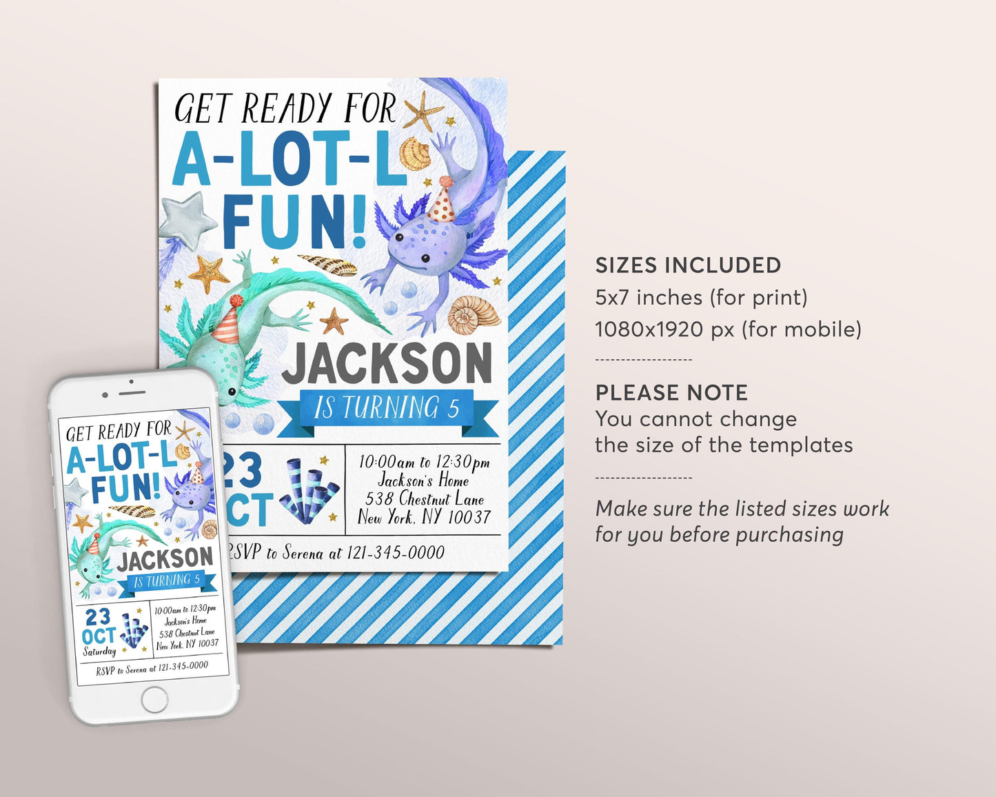 Axolotl Birthday Invitation Editable Template, Boy Axolotl Theme Alotl Fun Party Invite, Under Sea Lake Seashell Starfish Evite Printable