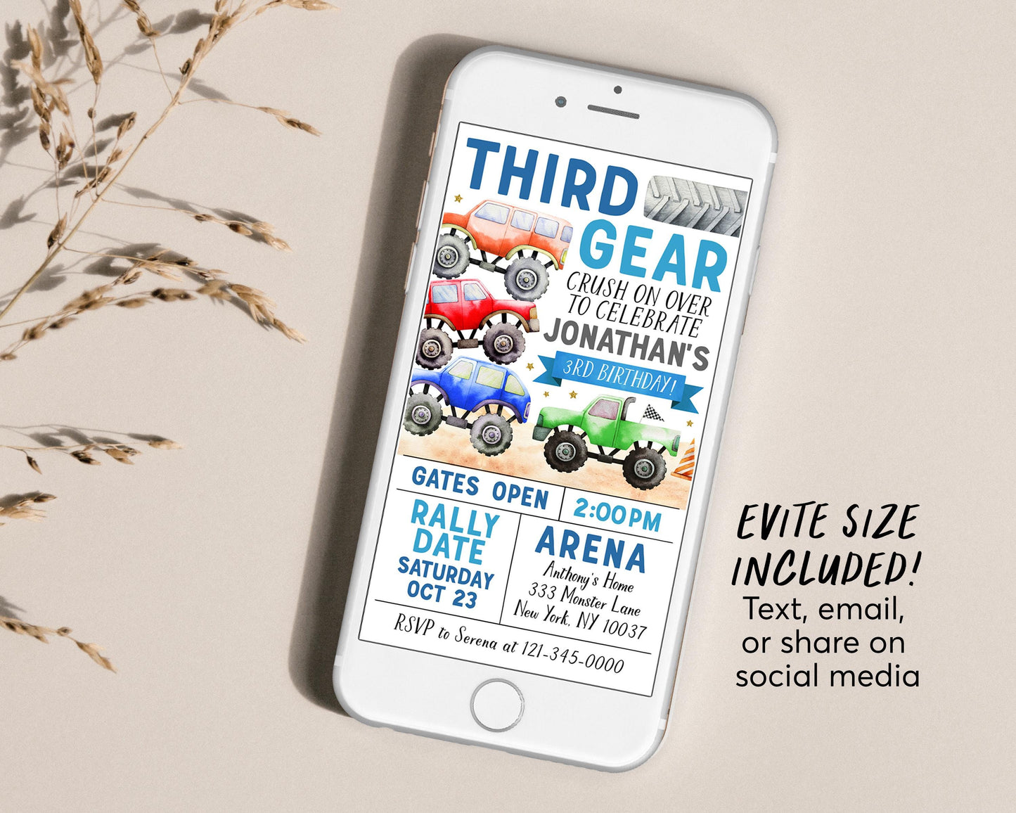 Monster Truck 3rd Birthday Invitation Editable Template, Third Gear Racing Trucks Party Bash Invite, Crush On Over Third Birthday Evite