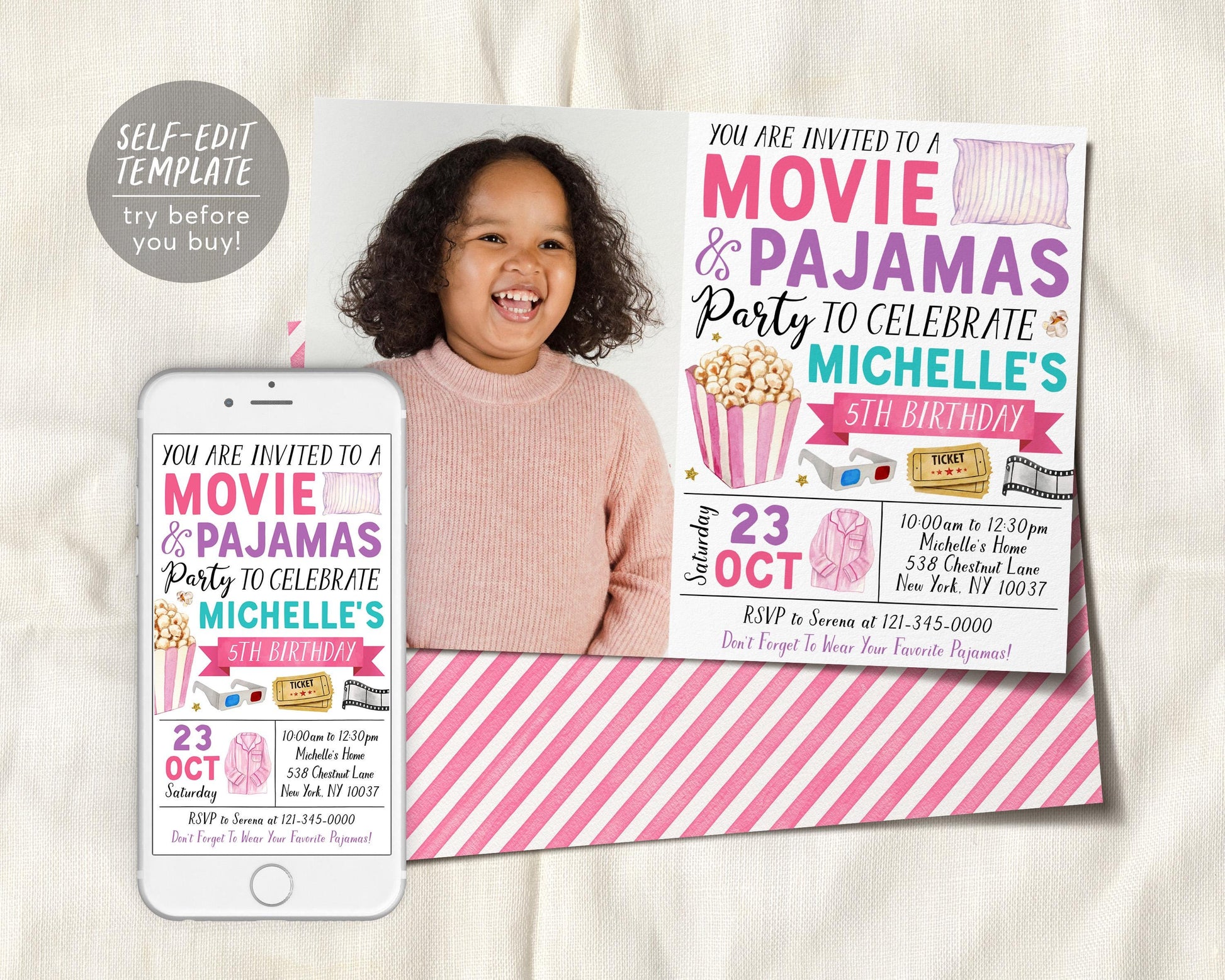 Movie and Pajamas Birthday Invitation With Photo Editable Template