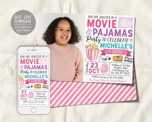 Movie and Pajamas Birthday Invitation With Photo Editable Template