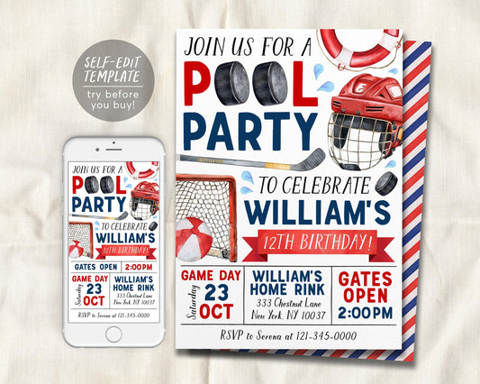 Hockey Pool Party Birthday Invitation Editable Template