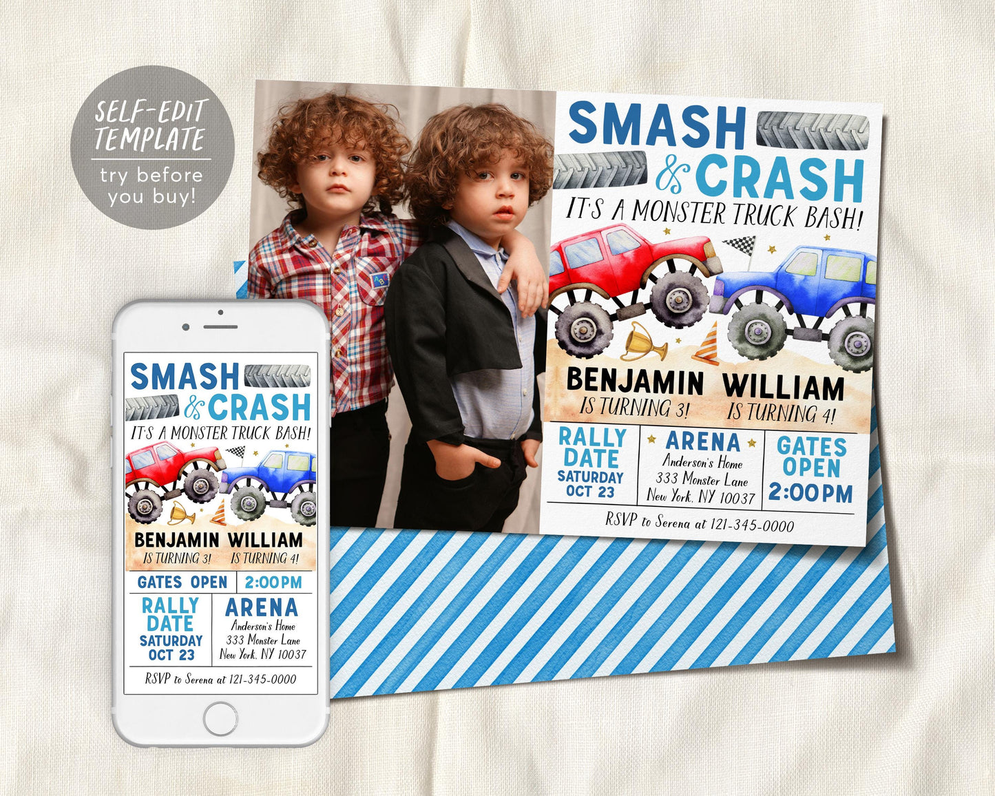 Monster Truck Joint Siblings Birthday Invitation With Photo Editable Template