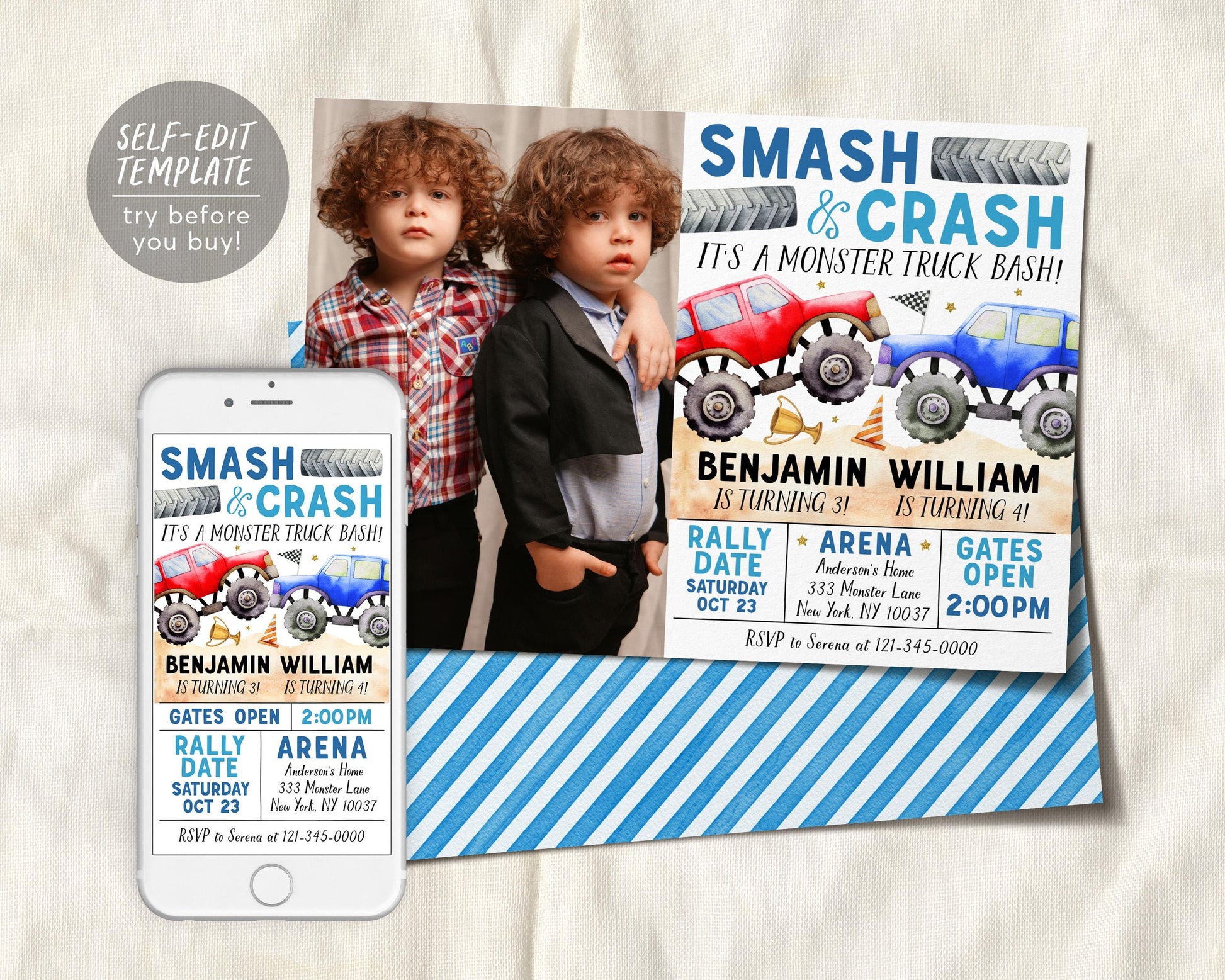 Monster Truck Joint Siblings Birthday Invitation With Photo Editable Template