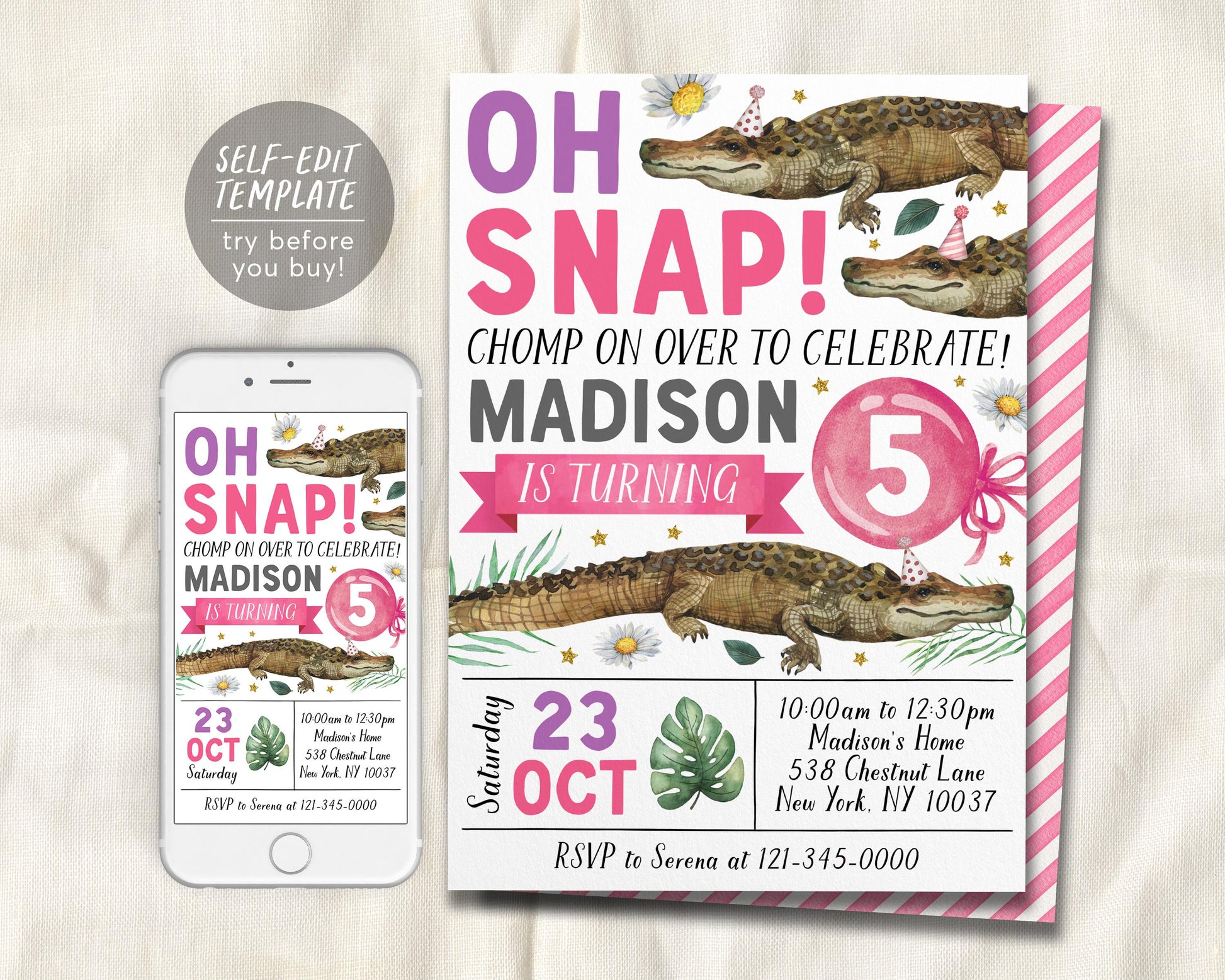 Crocodile Birthday Invitation Editable Template