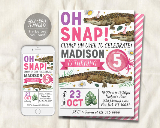 Crocodile Birthday Invitation Editable Template