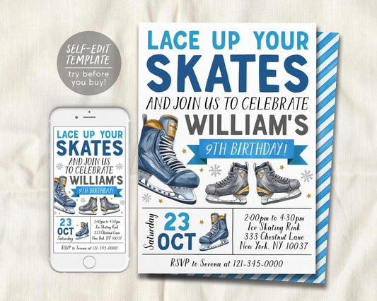 Ice Skating Birthday Invitation Editable Template