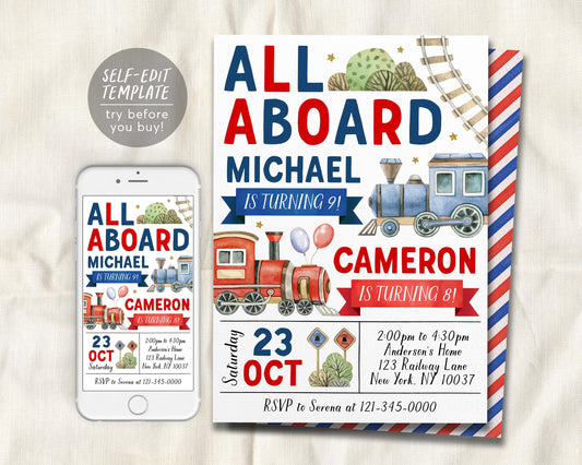 Train Joint Siblings Birthday Invitation Editable Template