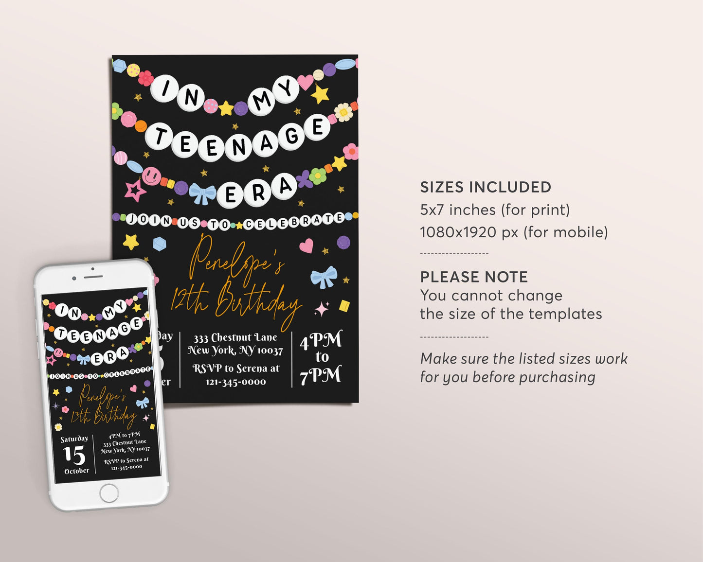 In My Teenage Era Invitation Editable Template, Friendship Bracelet Party Invite, Teen 13th Birthday Girl Eras Music Party Black Gold Evite