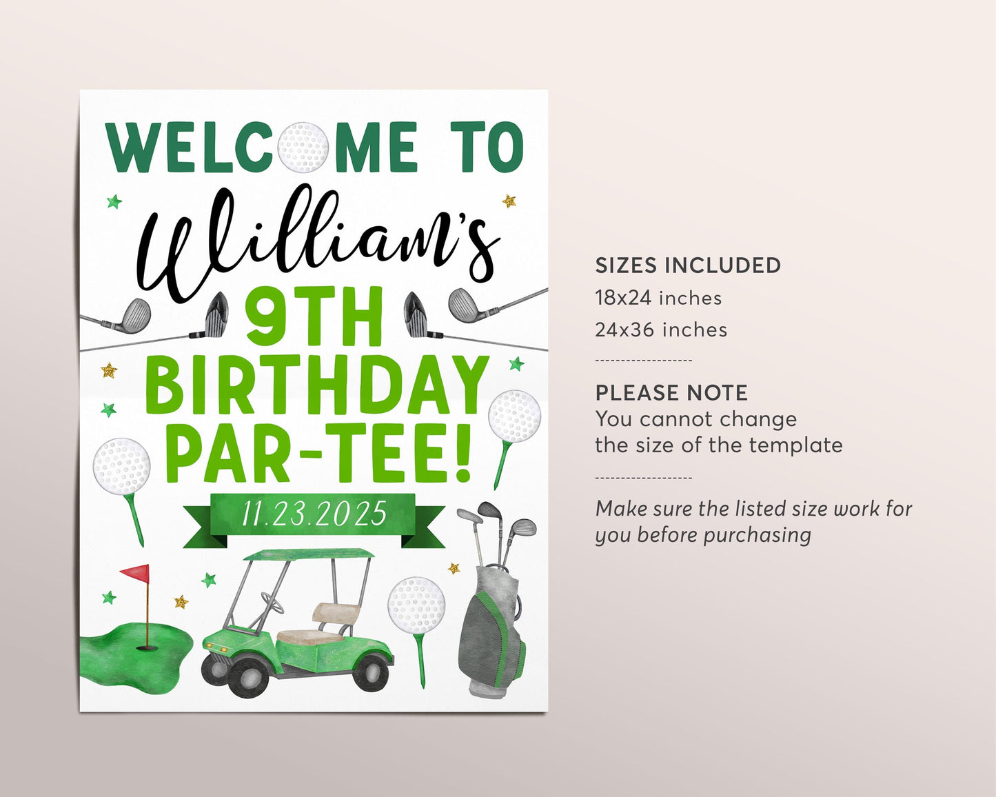 Golf Birthday Welcome Sign Editable Template, Let's Par Tee Golf Ball Birthday Party Poster, Kids Sports Mini Golf Course Tournament Poster