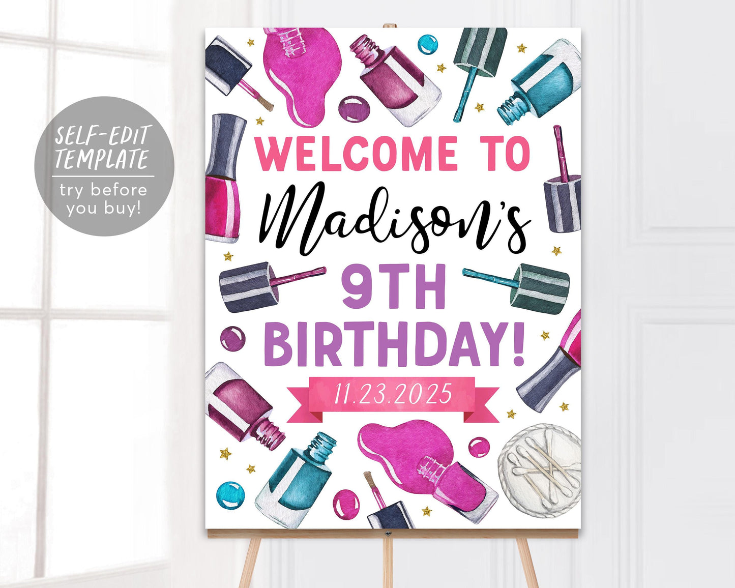 Mani Pedi Birthday Party Welcome Sign Editable Template