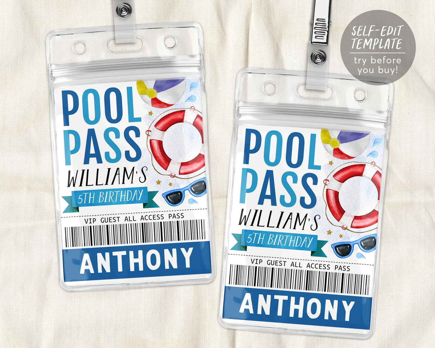 Pool Party Birthday VIP Pass Editable Template