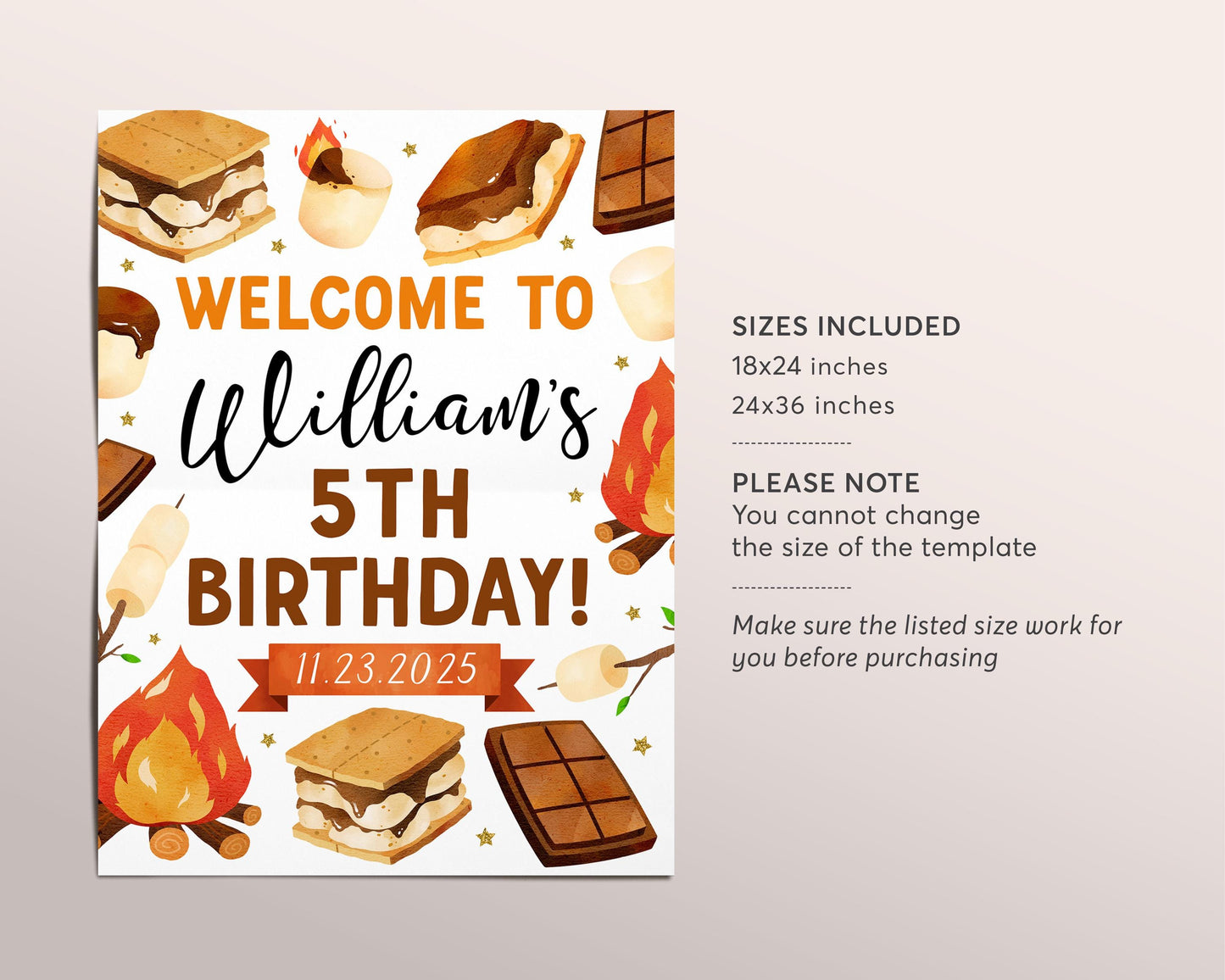 S'mores Birthday Welcome Sign Editable Template, Unisex Bonfire Campfire Smore Outdoor Adventure Camp Party Poster, Backyard Camping Banner