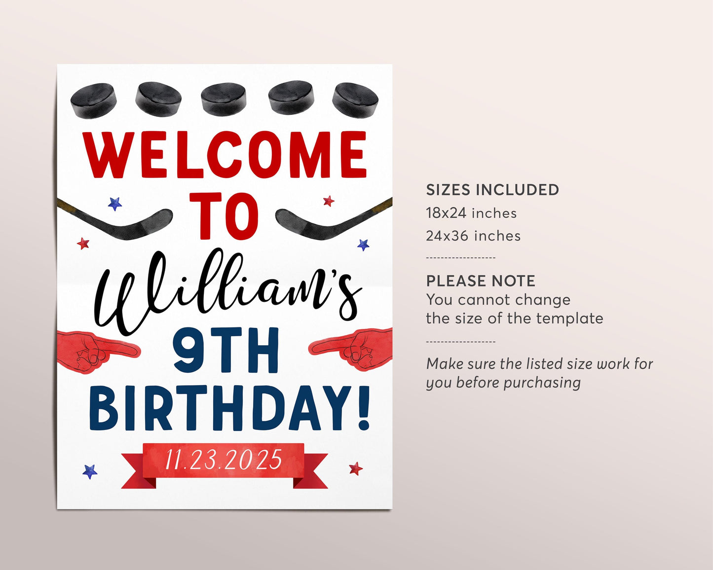 Ice Hockey Birthday Welcome Sign Editable Template, Boy Ice Skating Hockey Party Poster, Winter Rookie Of The Year Kids Sports Theme Poster