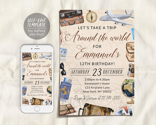 Around The World Birthday Invitation Editable Template