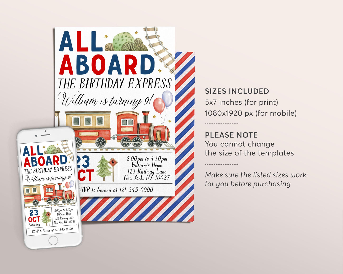 Train Birthday Invitation Editable Template, Train Boarding Pass Party Invite, All Aboard The Birthday Express Admit One Travel Chugga Evite