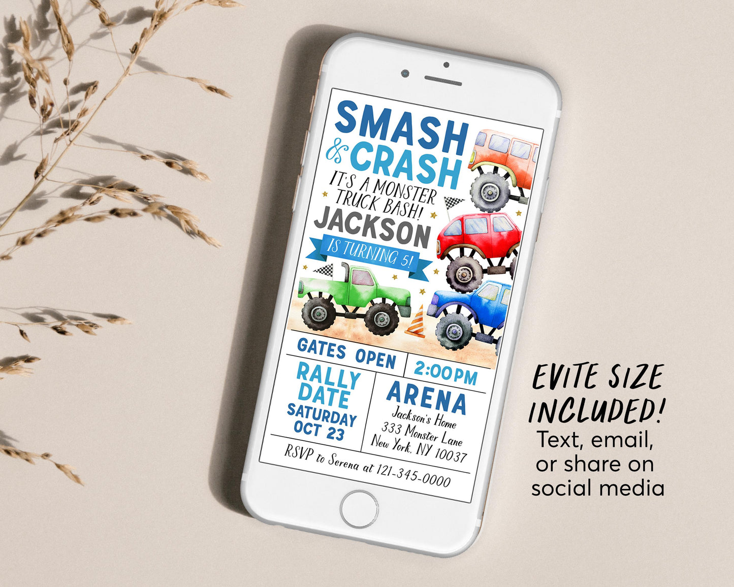 Monster Truck Birthday Invitation With Photo Editable Template, It's A Monster Truck Bash Invite, Boy Smash And Crash Party Evite Any Age