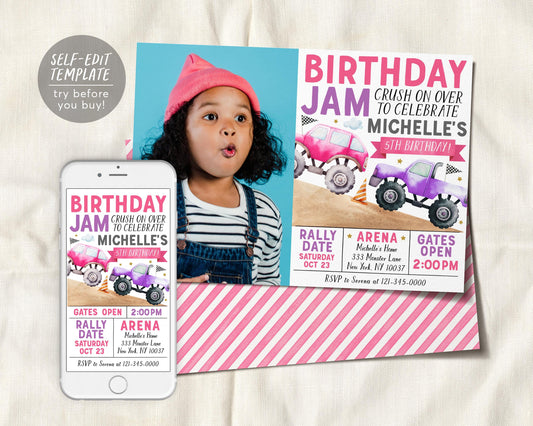 Birthday Monster Jam Birthday Invitation With Photo Editable Template