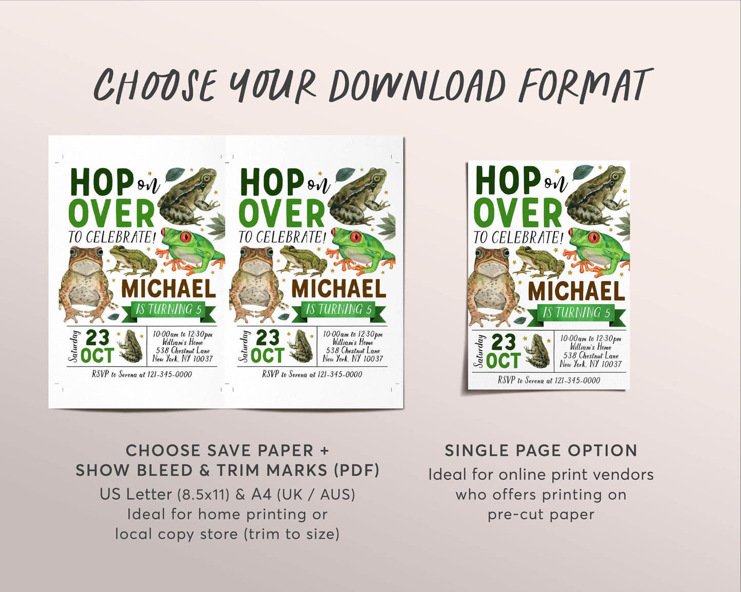 Frog Birthday Invitation Editable Template, Boy Hop On Over Frogs Theme Party Invite, Kids Swamp Pond Nature Amphibian Garden Outdoor Evite