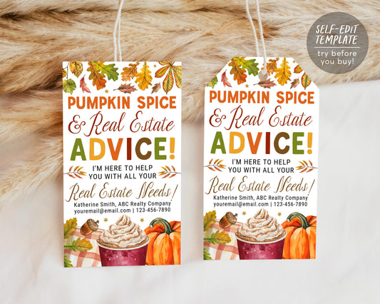 Fall Realtor Pop By Tag Editable Template, Pumpkin Spice and Real Estate Advice Gift Tags, Autumn Coffee Small Business Marketing Client