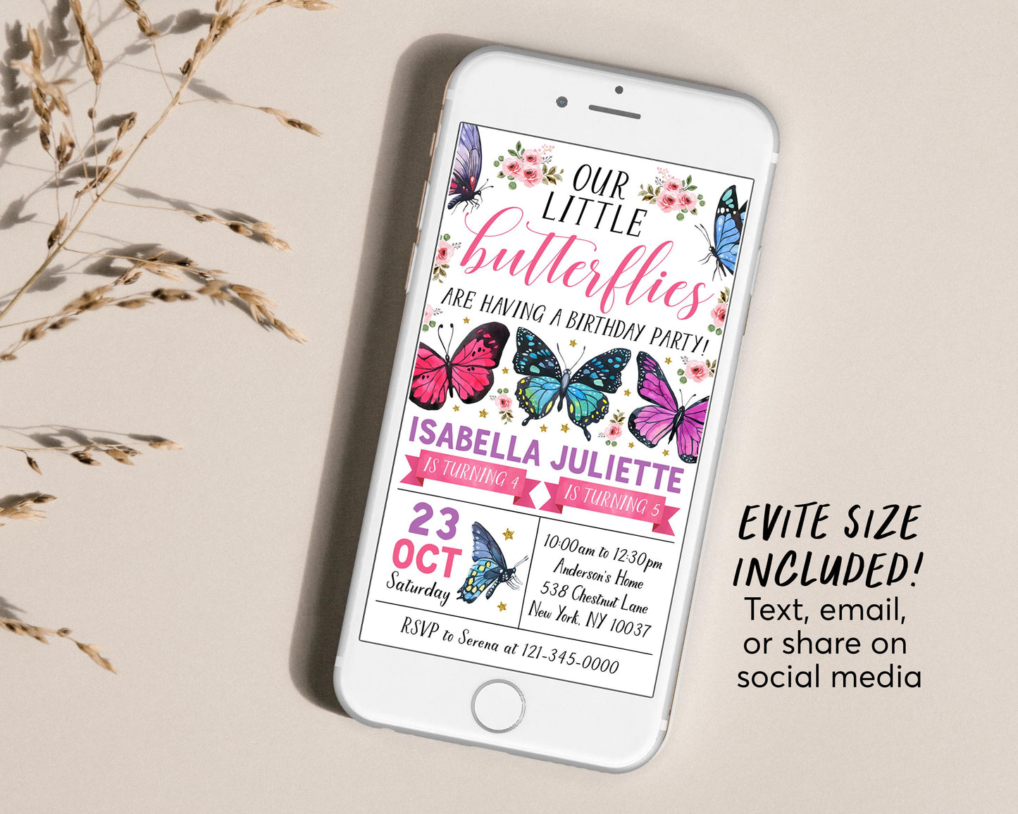 Butterfly Joint Siblings Birthday Invitation With Photo Editable Template, Twins Girl Floral Little Butterflies Party Invite, Garden Evite