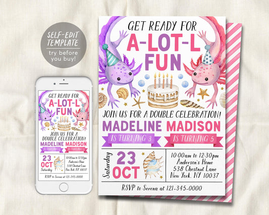 Axolotl Joint Siblings Birthday Invitation Editable Template