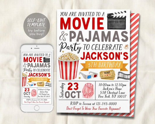 Movie and Pajamas Birthday Invitation Editable Template