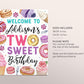 Two Sweet Birthday Welcome Sign Editable Template, Girl Donut 2nd Birthday Party Poster, Two Year Cupcakes Candy Sweets Dessert Ice Cream