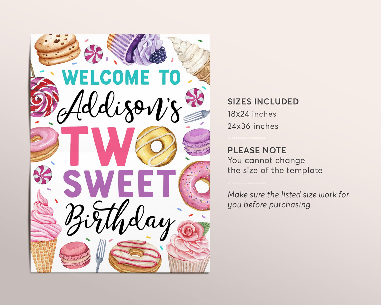 Two Sweet Birthday Welcome Sign Editable Template, Girl Donut 2nd Birthday Party Poster, Two Year Cupcakes Candy Sweets Dessert Ice Cream