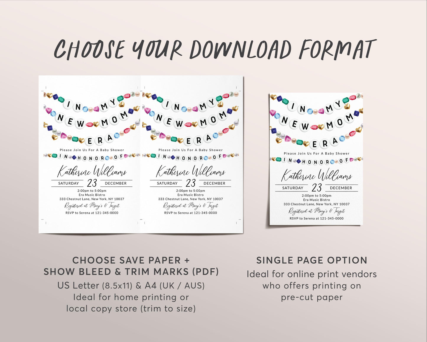 In My New Mom Era Baby Shower Invitation Editable Template, Friendship Bracelet Baby Sprinkle Party Invite, Eras Girl Mom To Be Party Evite