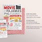 Movie and Pajamas Birthday Invitation Editable Template, Unisex Slumber Party Popcorn Cinema Movie Ticket Invite, Sleepover Kids Evite