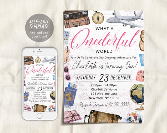 What A Onederful World First Birthday Invitation Editable Template